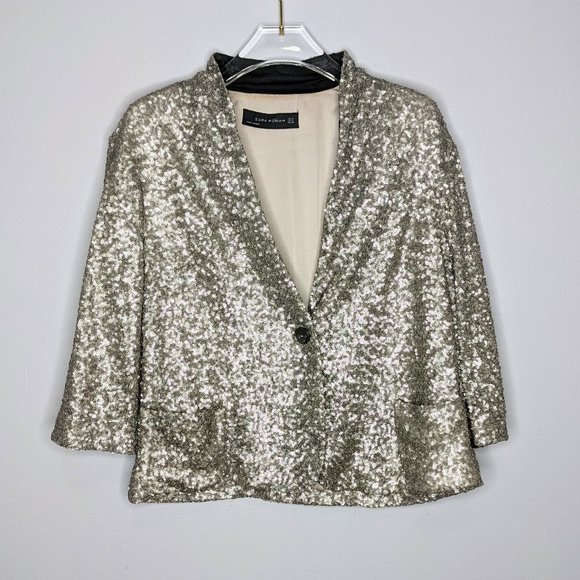 Zara Jackets & Blazers - Zara Women's Silver 3/4 Sleeve Sequin Blazer Size M